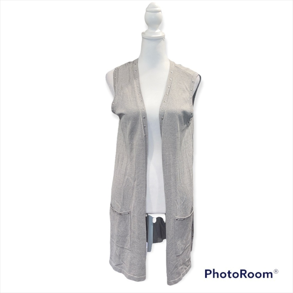 Last Chance Christina Gray Studded Longline Open Front Cardigan Vest Gray Medium